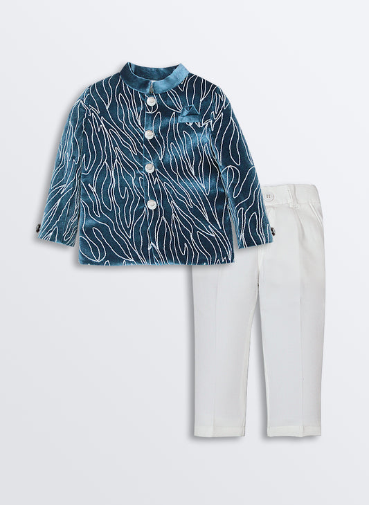 Woven Full Sleeves Cord Work on Velvet Formal Bandhgala Pant Ethnic Set- Blue