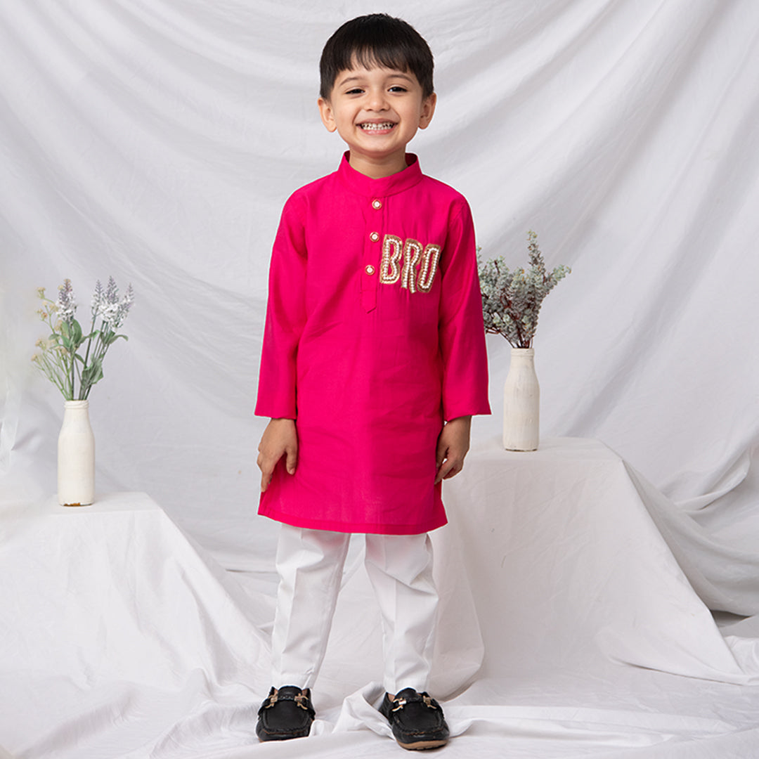 Rakhi Special Boys Silk Blend Woven Full Sleeves BRO Hand Embroidered and Embellished Ethnic Kurta Pajama Set - Fuschia