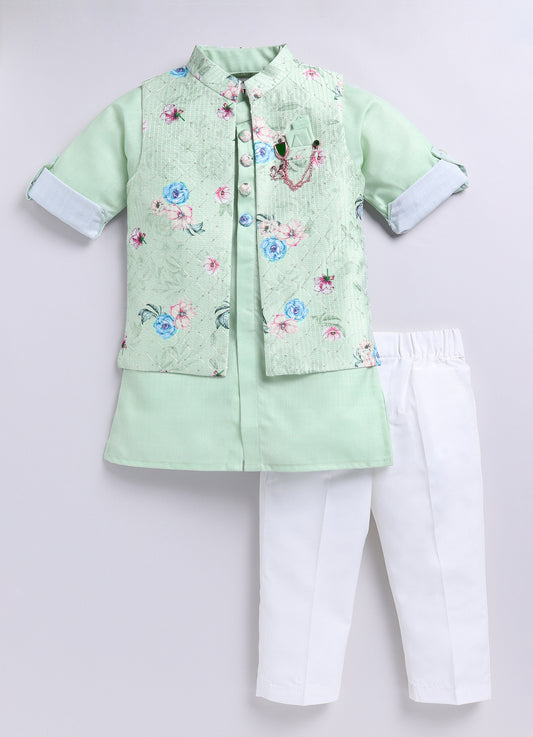 Boys Floral Embroidered Jacket Kurta Set-green