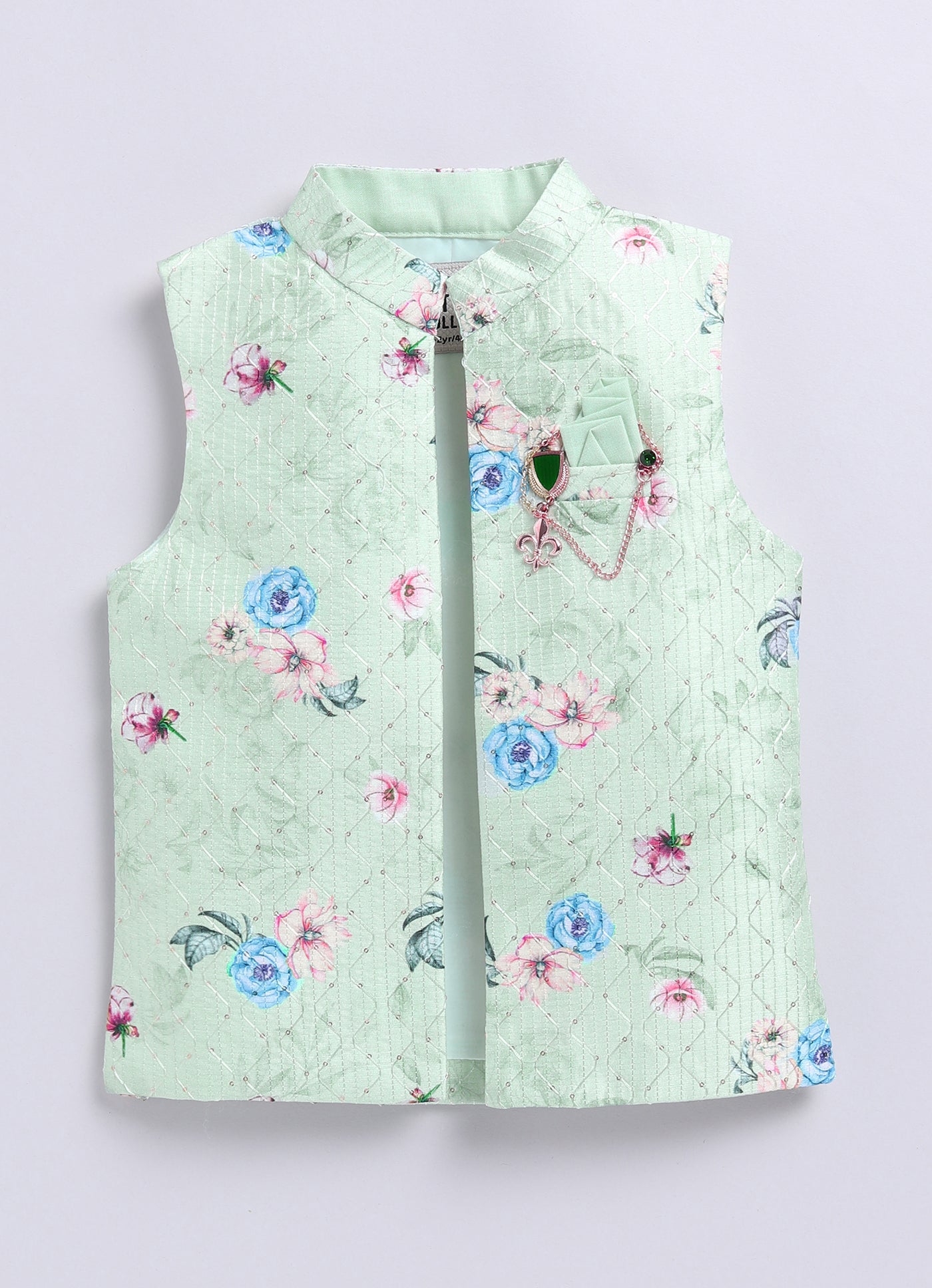 Boys Floral Embroidered Jacket Kurta Set-green