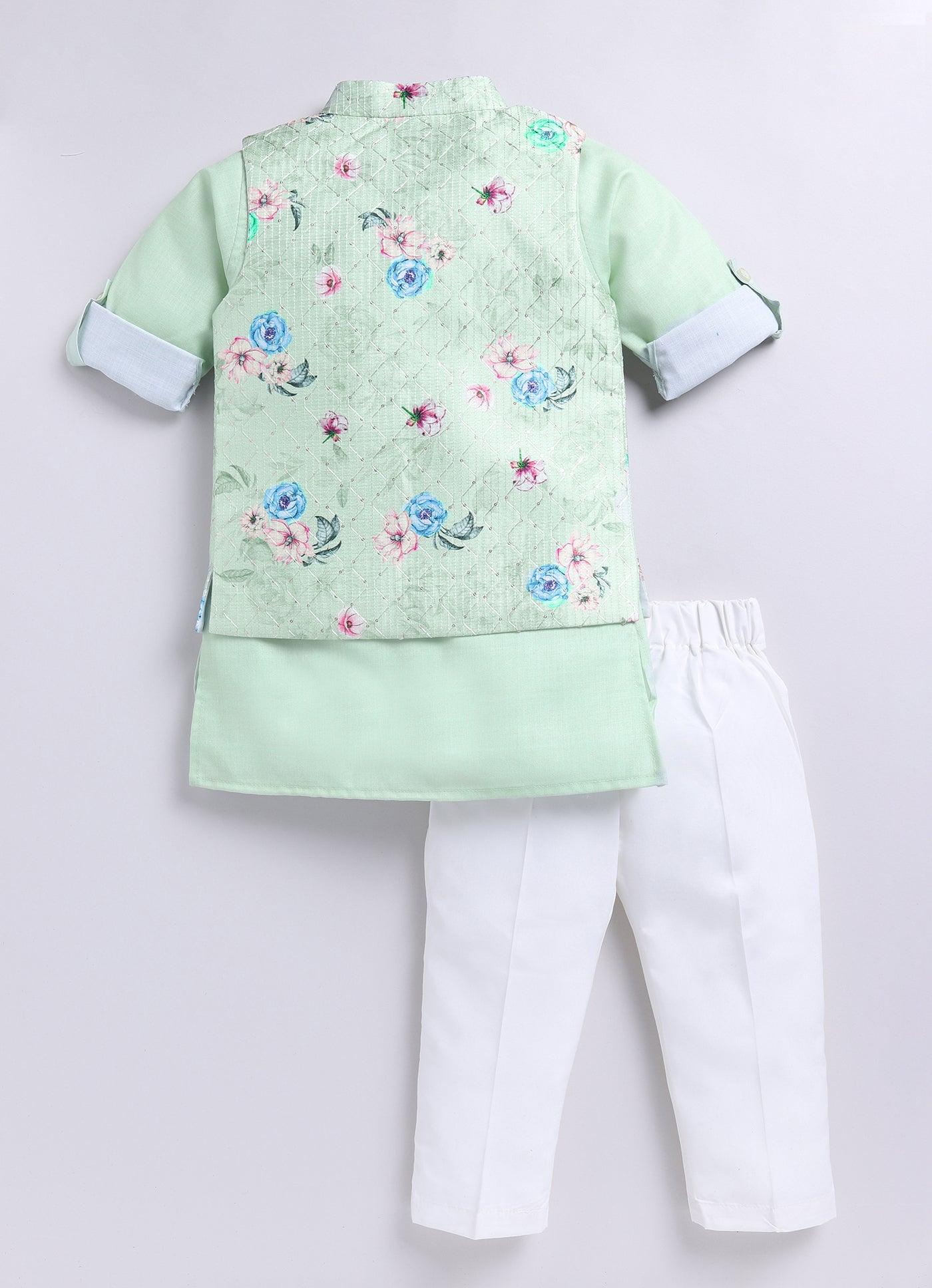 Boys Floral Embroidered Jacket Kurta Set-green