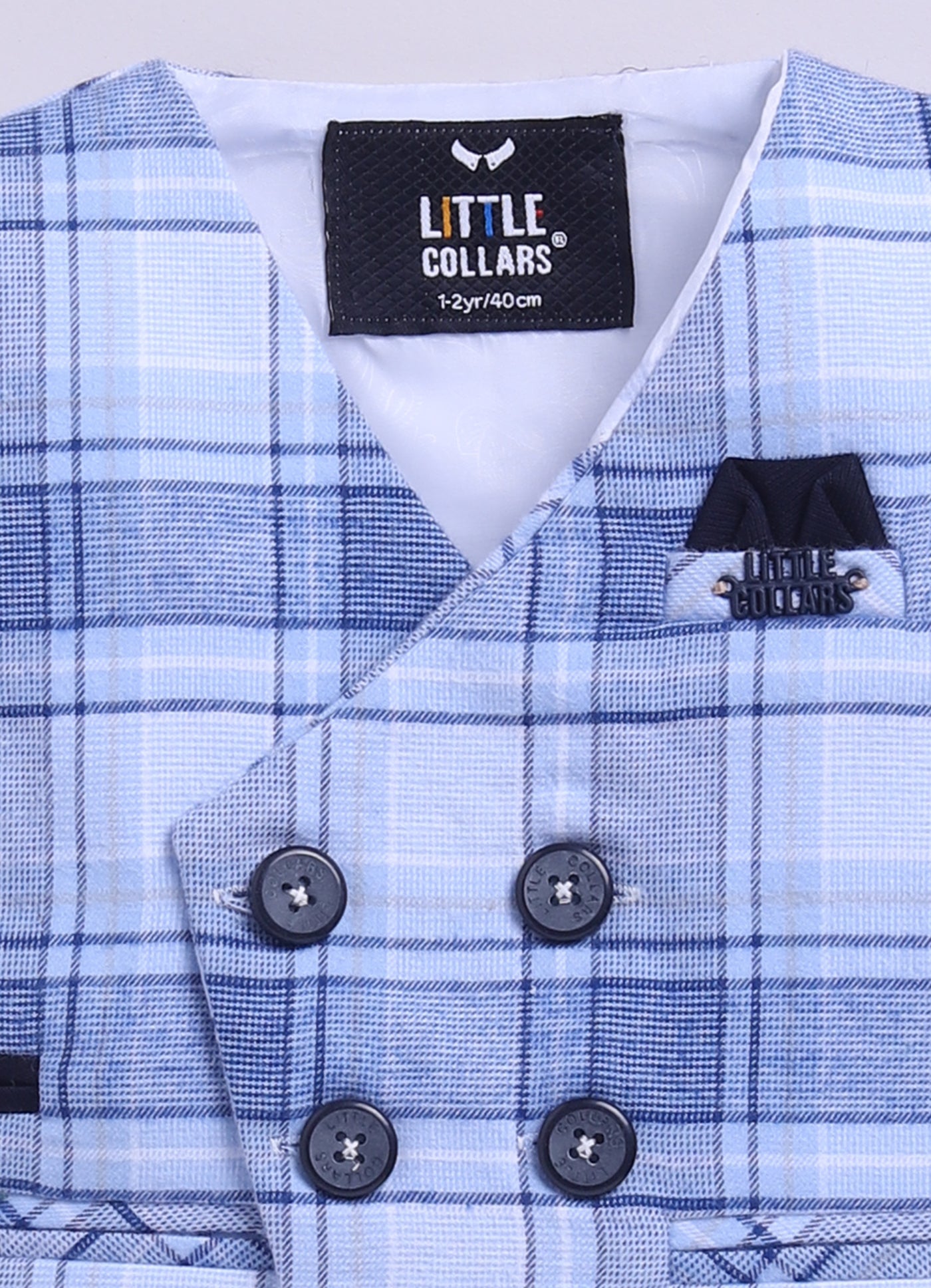 Blue Full Sleeves Solid Shirt Pant With Cotton Checkered Waistcoat Cap & Bow Set