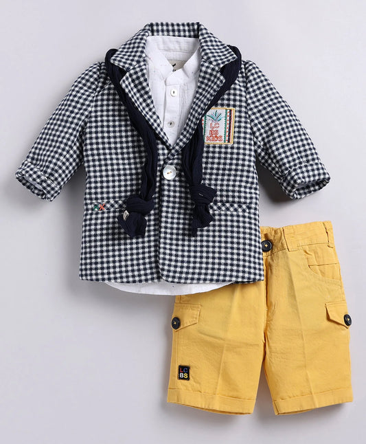 Cotton Half Sleeves Checked Coat With Solid Shorts Shirt & Muffler - Mustard