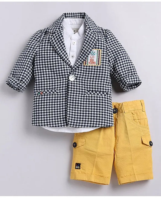Cotton Half Sleeves Checked Coat With Solid Shorts Shirt & Muffler - Mustard