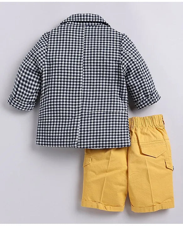 Cotton Half Sleeves Checked Coat With Solid Shorts Shirt & Muffler - Mustard