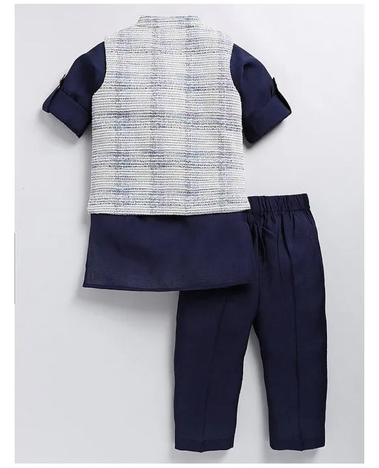 Charming Ethnic Kurta Jacket Set with Insect Embroidery for Boys-Blue