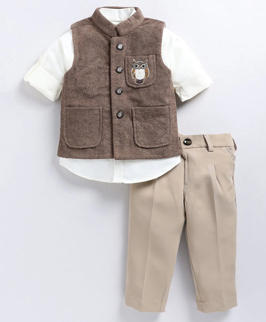 Cotton Blend Full Sleeves Solid Shirt & Pant With Sequins Embellished Owl Designed Waistcoat Set - Coffee