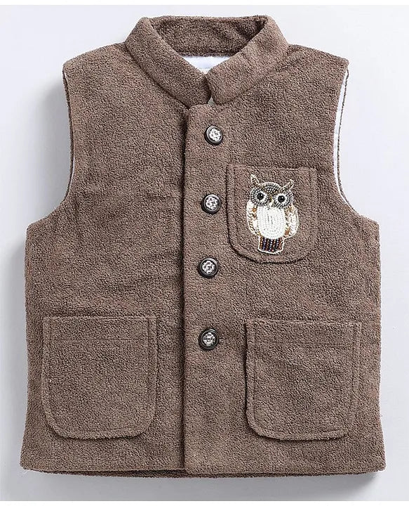 Cotton Blend Full Sleeves Solid Shirt & Pant With Sequins Embellished Owl Designed Waistcoat Set - Coffee