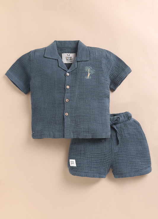 Boys Casual Pure Cotton Embroidered Waffle Shirt & Shorts Coords Set- Blue