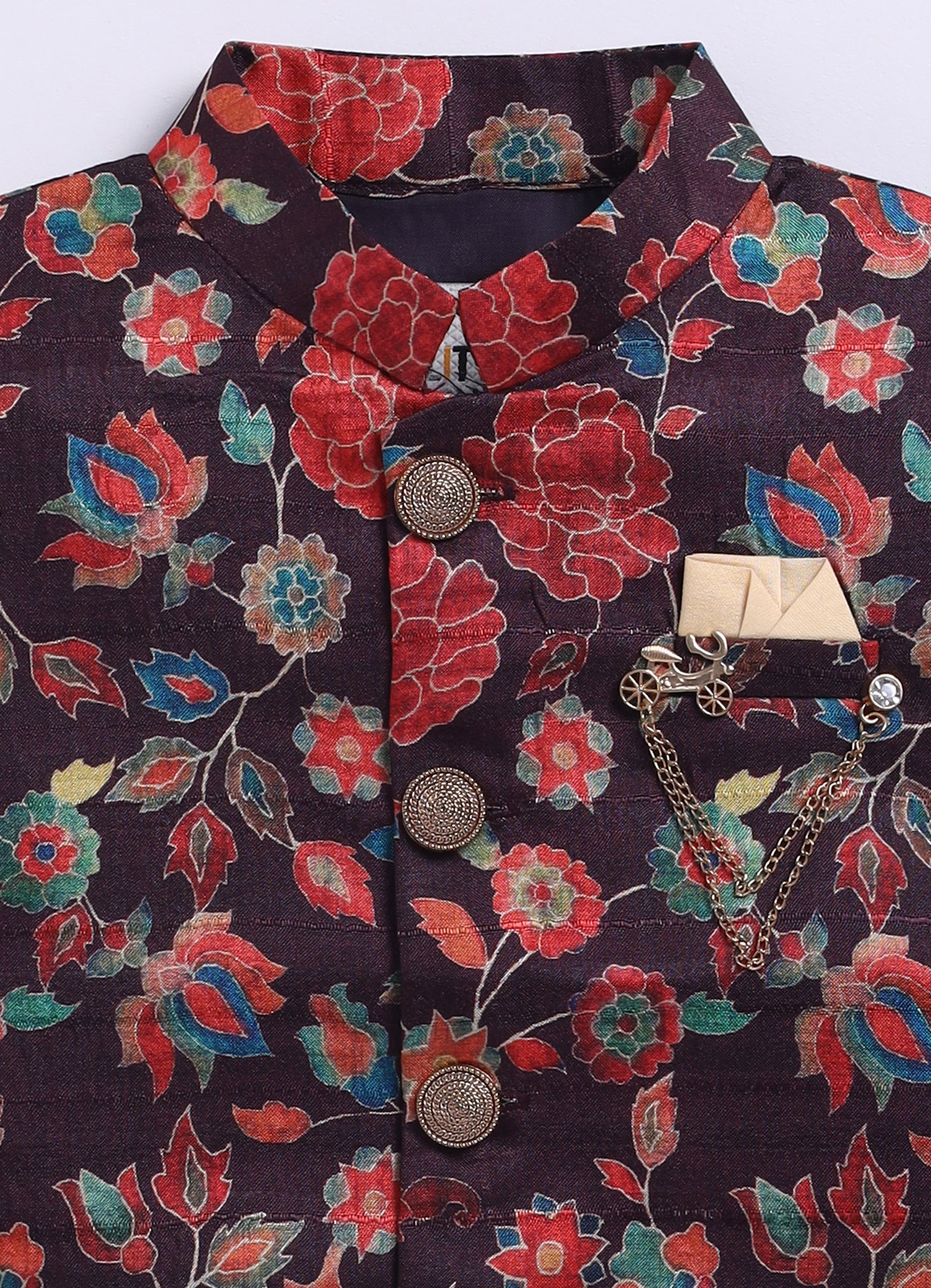 Silk Blend Woven Full Sleeves Festive Floral Ethnic Nehru Jacket Kurta and Pajama Set with Brooch - Wine