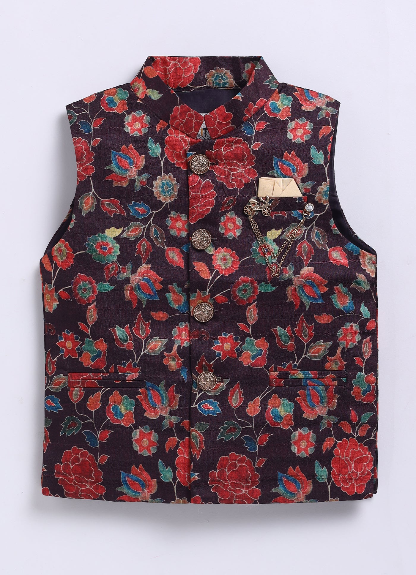 Silk Blend Woven Full Sleeves Festive Floral Ethnic Nehru Jacket Kurta and Pajama Set with Brooch - Wine