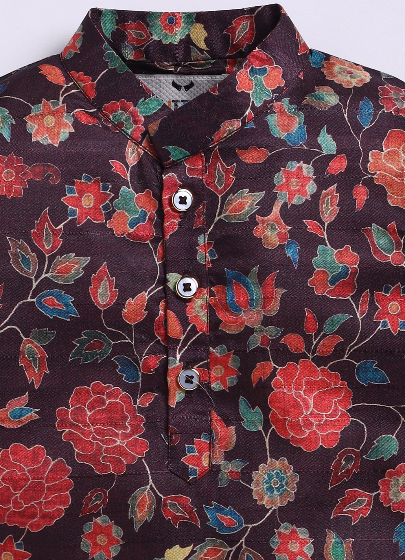 Silk Blend Woven Full Sleeves Festive Floral Ethnic Nehru Jacket Kurta and Pajama Set with Brooch - Wine