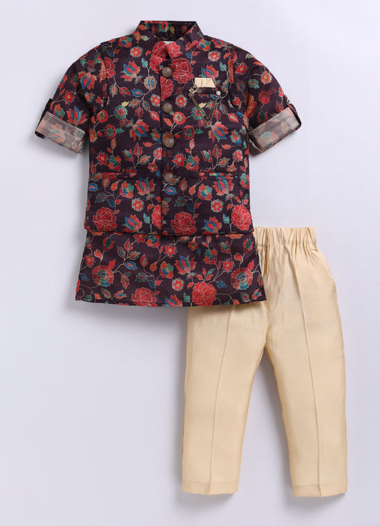 Silk Blend Woven Full Sleeves Festive Floral Ethnic Nehru Jacket Kurta and Pajama Set with Brooch - Wine