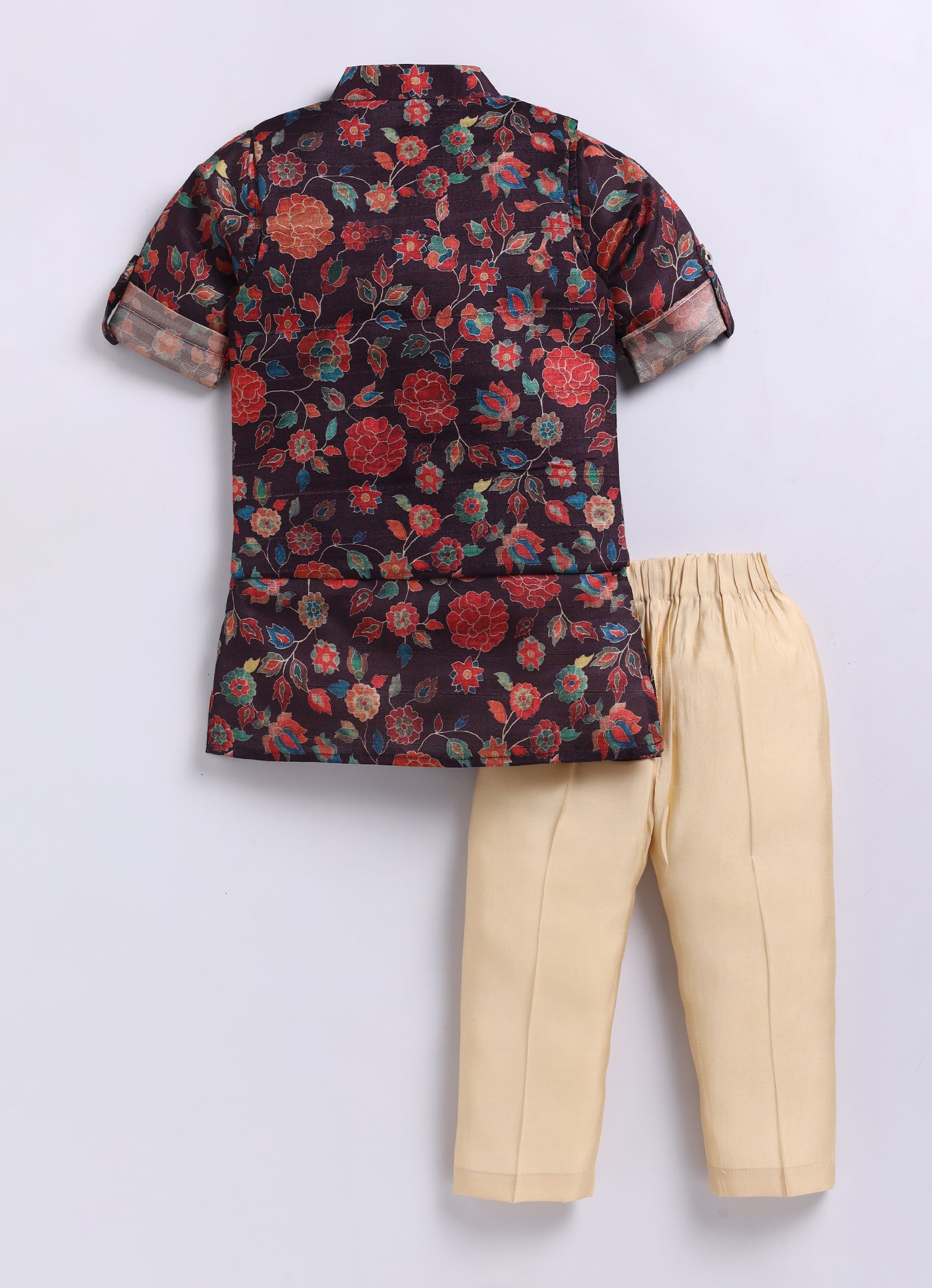 Silk Blend Woven Full Sleeves Festive Floral Ethnic Nehru Jacket Kurta and Pajama Set with Brooch - Wine