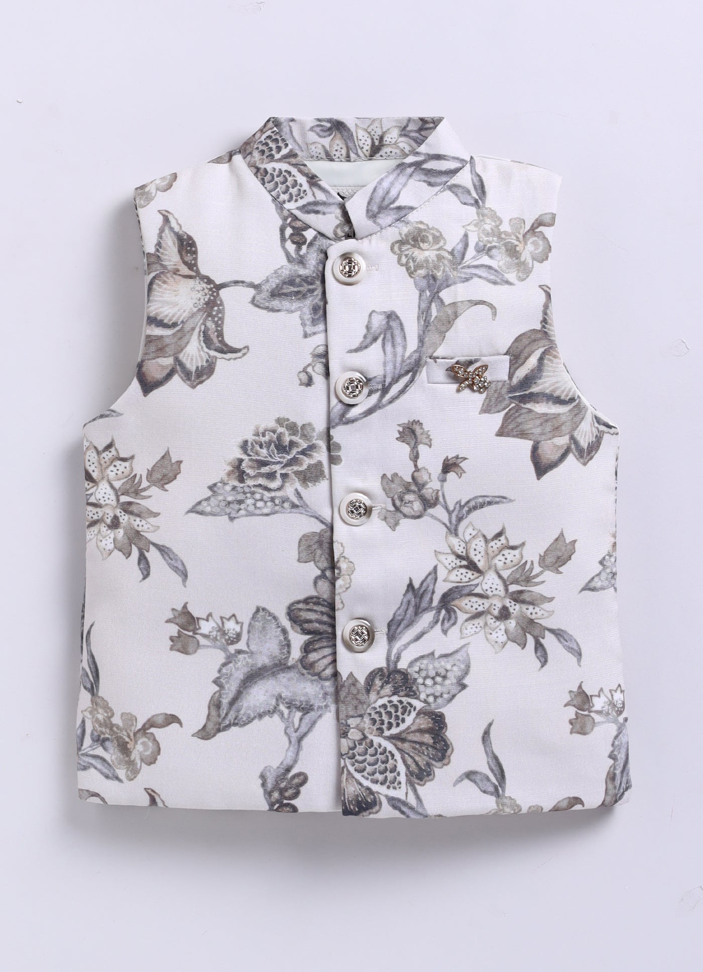 Silk Blend Woven Full Sleeves Floral and Stripes Printed Aesthetic Ethnic Jacket Kurta Pajama Set - Cream