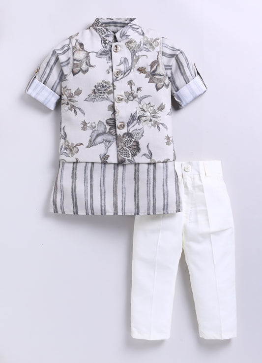 Silk Blend  Woven Full Sleeves Floral and Stripes Printed Aesthetic Ethnic Jacket Kurta Pajama Set - Cream