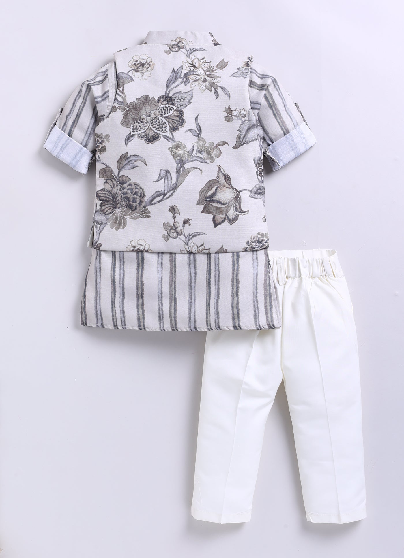 Silk Blend Woven Full Sleeves Floral and Stripes Printed Aesthetic Ethnic Jacket Kurta Pajama Set - Cream