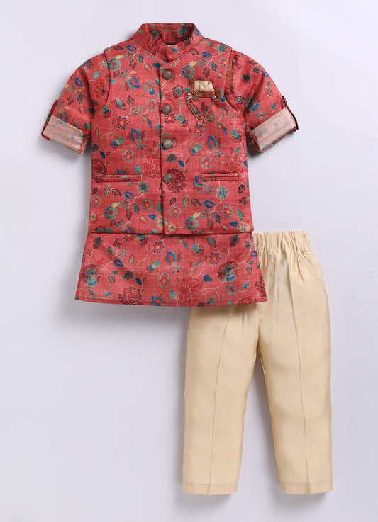 Silk Blend Woven Full Sleeves Festive Floral Ethnic Nehru Jacket Kurta and Pajama Set with Brooch - Rust