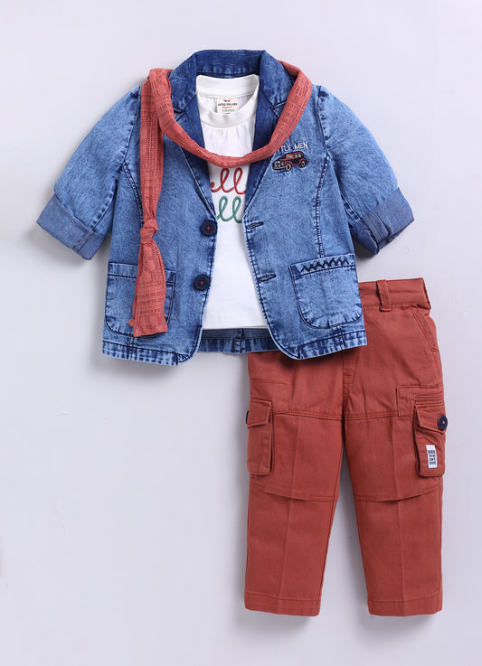 LITTLE COLLARS Super Handsome Full Sleeves Denim Coat with Cotton Trousers, Half Sleeves Tshirt and Stole- Rust