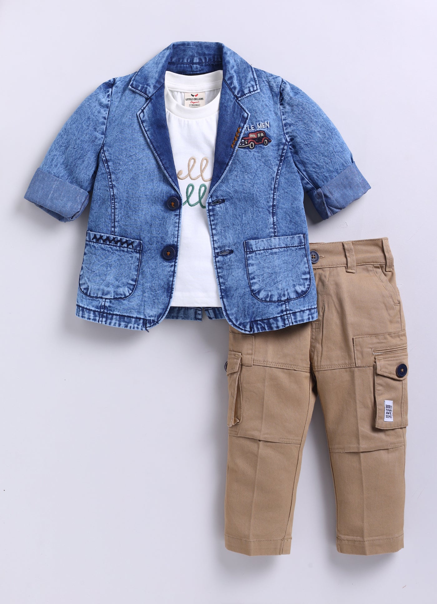 Super Handsome Full Sleeves Denim Coat with Cotton Trousers, Half Sleeves Tshirt and Stole- Khaki