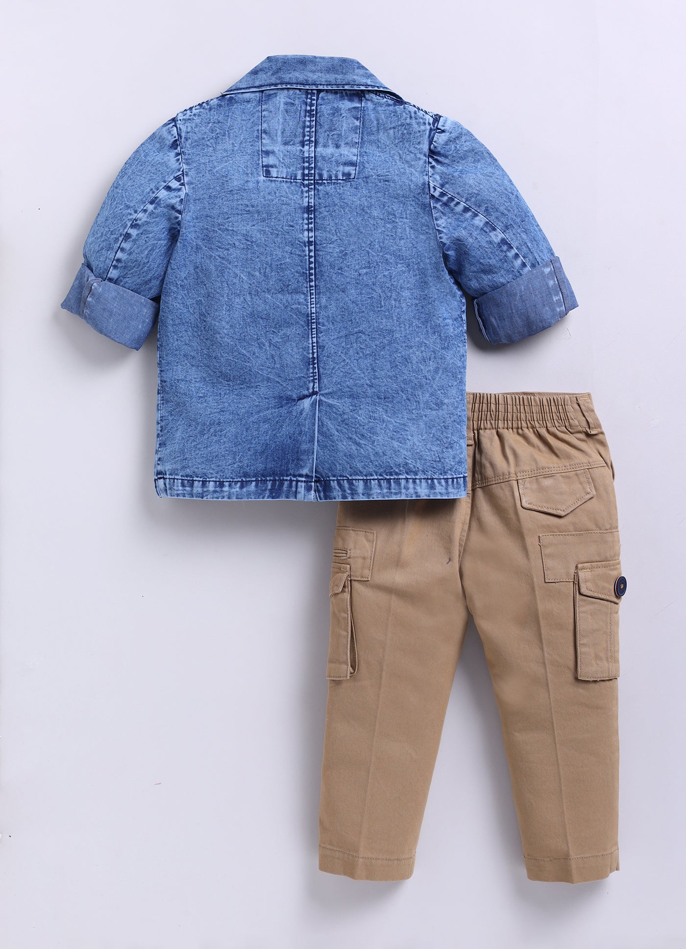 Super Handsome Full Sleeves Denim Coat with Cotton Trousers, Half Sleeves Tshirt and Stole- Khaki