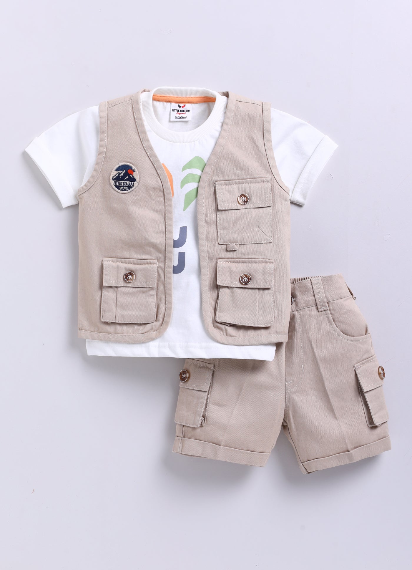 Casual Cotton Multi Pocket Cargo Sleeveless Gilet Jacket Half Sleeves Tshirt  Half Pant Co-ord Set - Beige