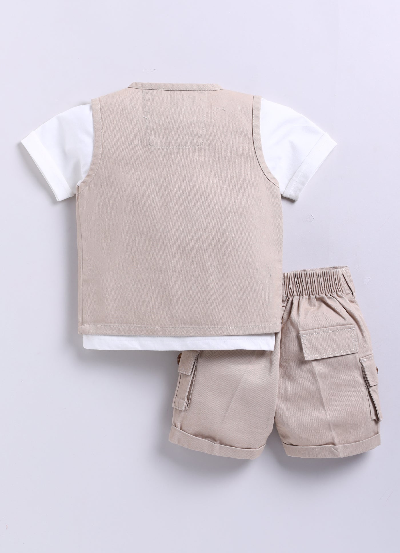 Casual Cotton Multi Pocket Cargo Sleeveless Gilet Jacket Half Sleeves Tshirt Half Pant Co-ord Set - Beige