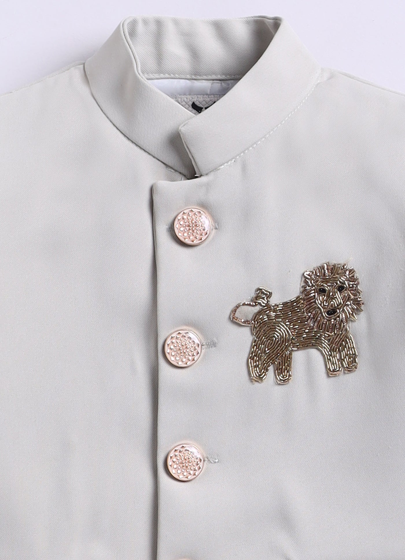 Terry Full Sleeves Lion Embroidered 3 Piece Party Suit Set- Beige