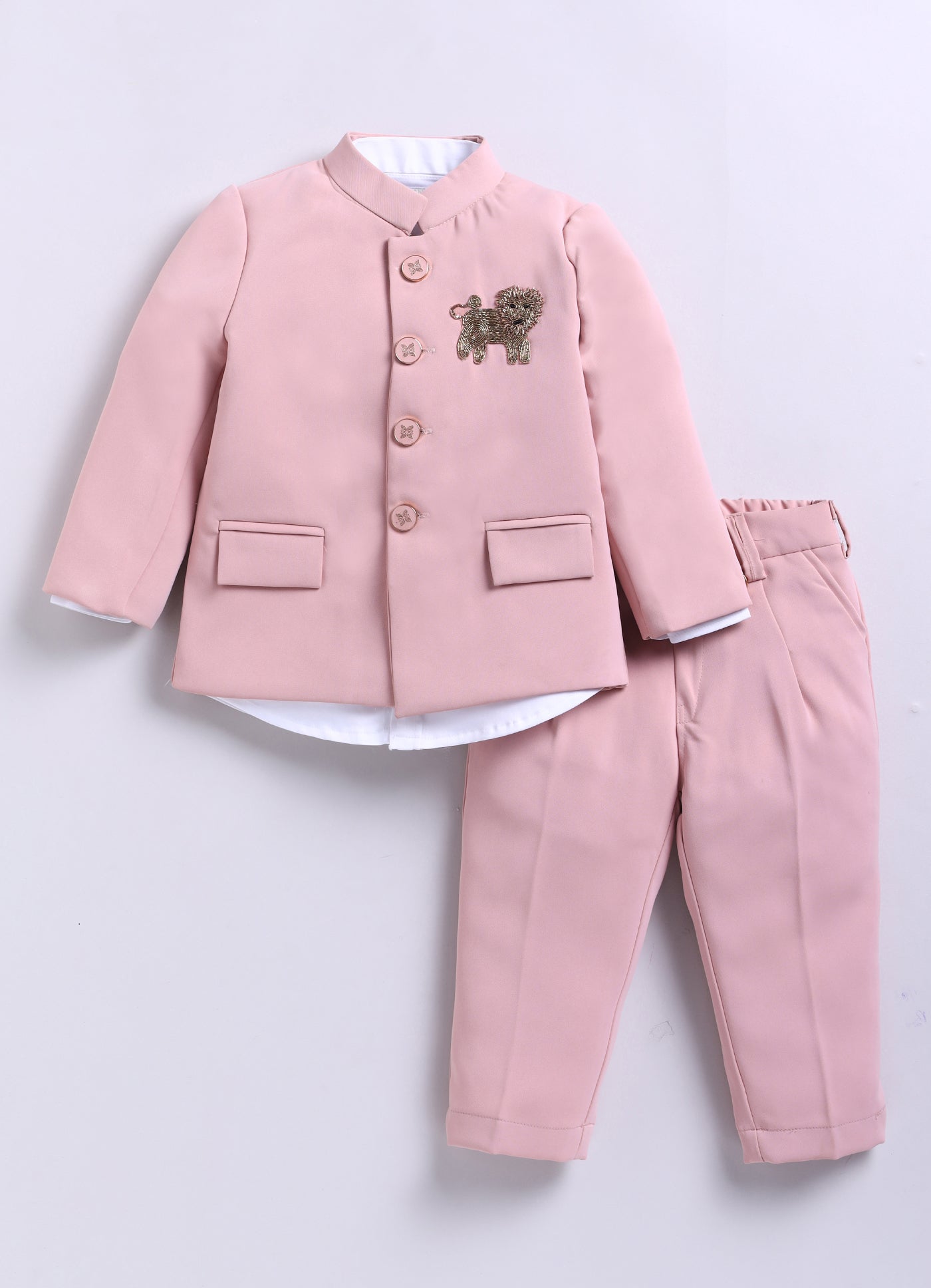 Terry Full Sleeves Lion Embroidered 3 Piece Party Suit Set- Pink