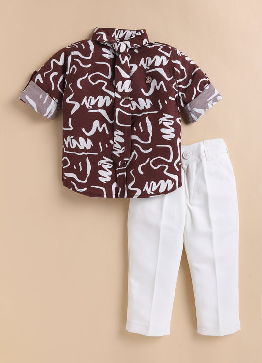 Poly Nylon Woven Full Sleeves Abstract Shirt Pant with Tie and Tie Pin Set- Wine