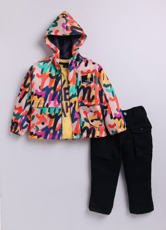Blended Abstract Printed Knitted Quilted Full Sleeves Zippered Sweat Jacket with Printed Tshirt and Pants Casual Set- Multi