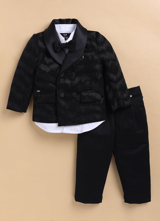 Blended Jaquard Woven Full Sleeves Coat Pant with Tuxedo Shirt and Bow Formal Coat Set- Black