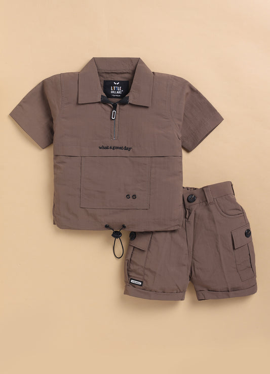 Trendy Uber Cool Half Sleeves Zippered Tshirt Half Pant Co-ord Set -Khaki