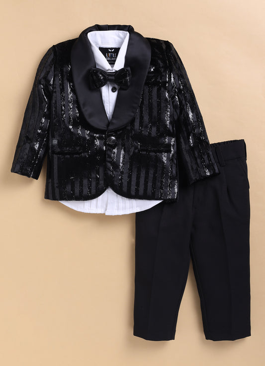 Velvet Woven Full Sleeves Striped Coat Pant with Tuxedo Shirt and Bow Formal Coat Set- Black