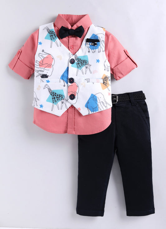 Boys Blended Cotton Woven Animal Printed Waistcoat with Full Sleevs Shirt, Pant, Bow and Belt Set - Peach