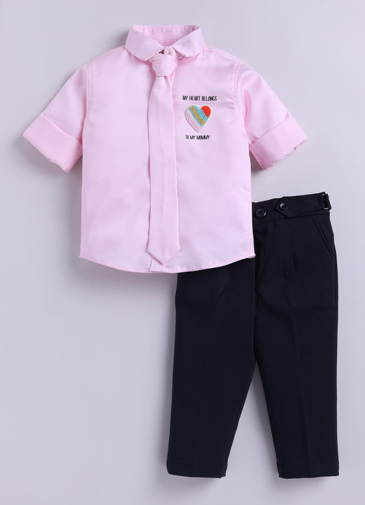 Cotton Satin Shirt with Hand embellished Heart, Pant & Tie Set- Pink