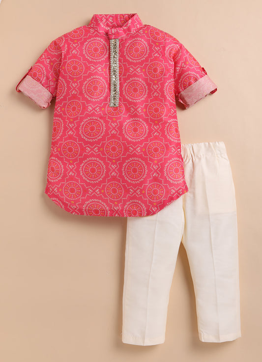 Blended Woven Bandhani Printed Full Sleeves Kurta Pajama Ethnic Set- Pink