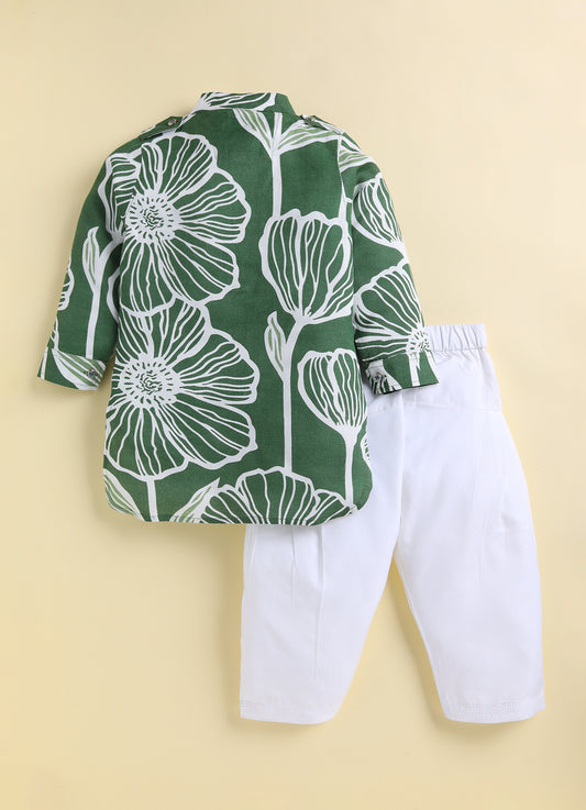 Boys Cotton Flax Floral Printed Full Sleeve Pathani Kurta and Patiala Ethnic Set - Green
