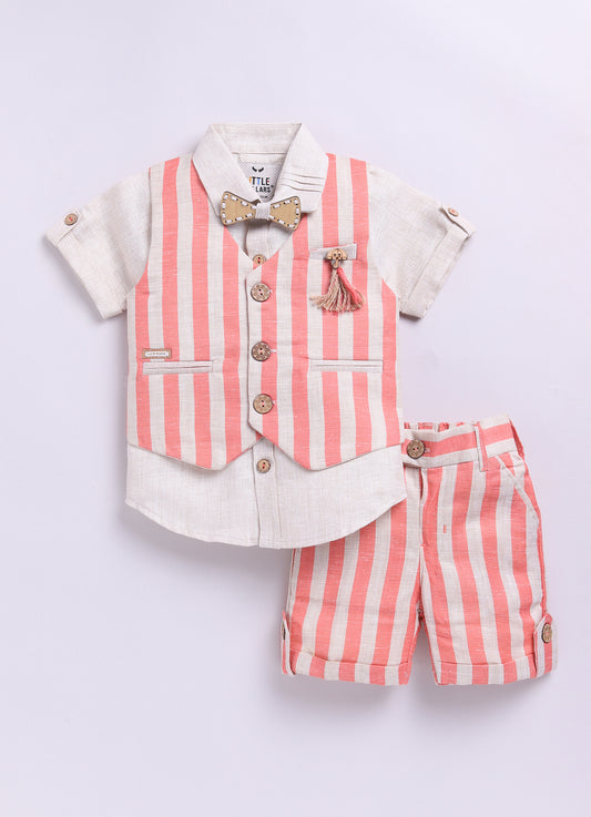 Tomato Striped Bright Waistcoat Shirt Pant Coord set with Bow