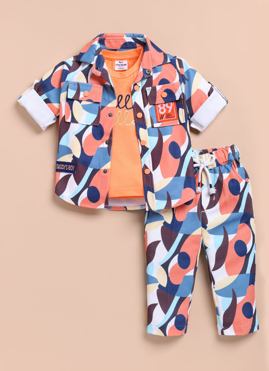 Boys Abstract Printed Bright Airport Look Coord with Tshirt Casual Set- Peach