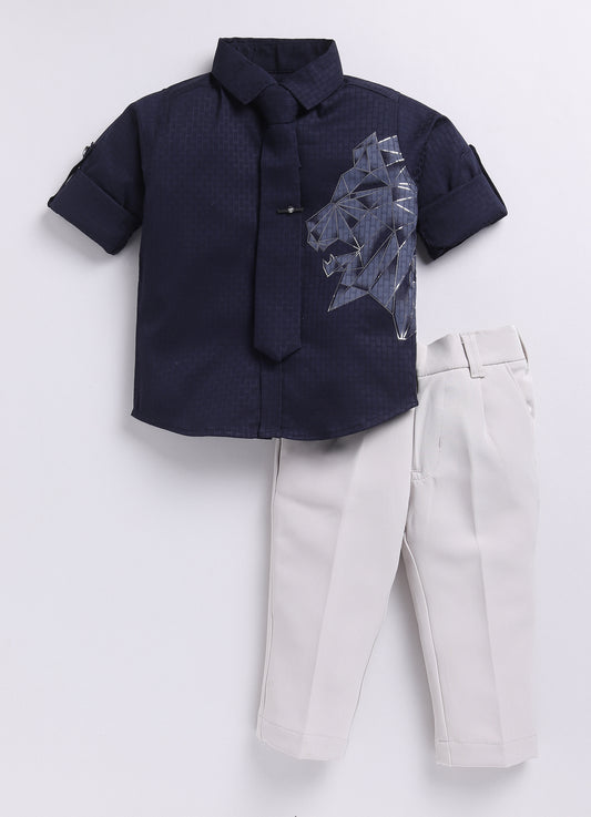 Navy Blue Formal Animal Printed Full Sleeves Shirt Pant Tie Set