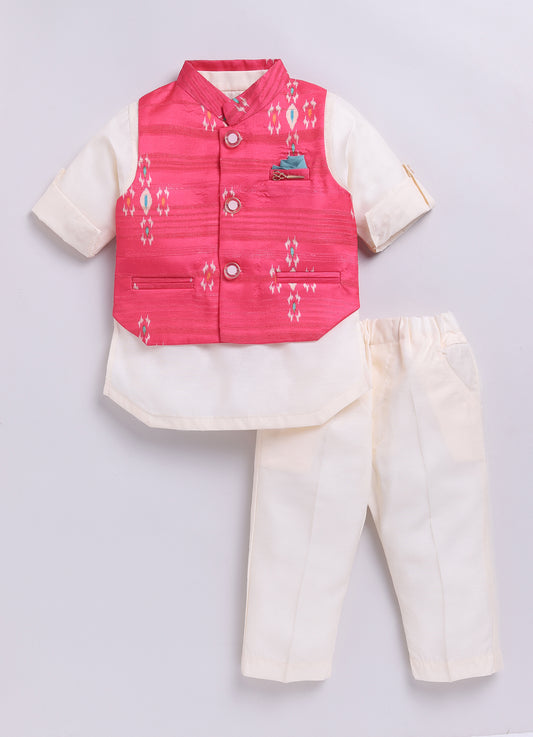 Pink Boys Ikat Printed Bright Ethnic Jacket Full Sleeves Kurta Pajama Set