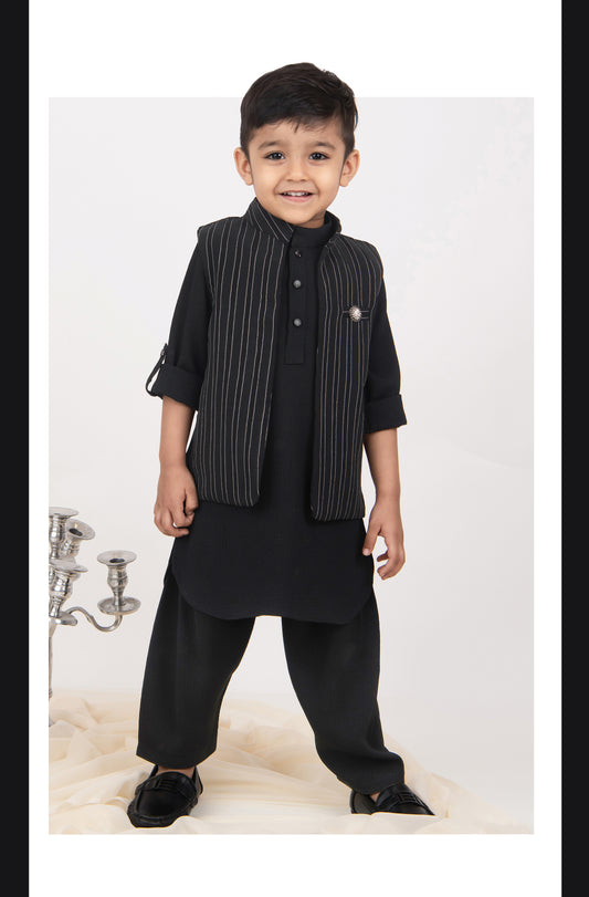 Black Festive Kurta Jacket Patiala Ethnic Set for Boys