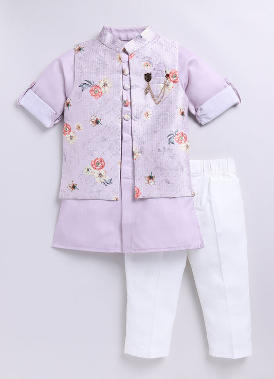 Boys Floral Embroidered Jacket Kurta Set-Lavender