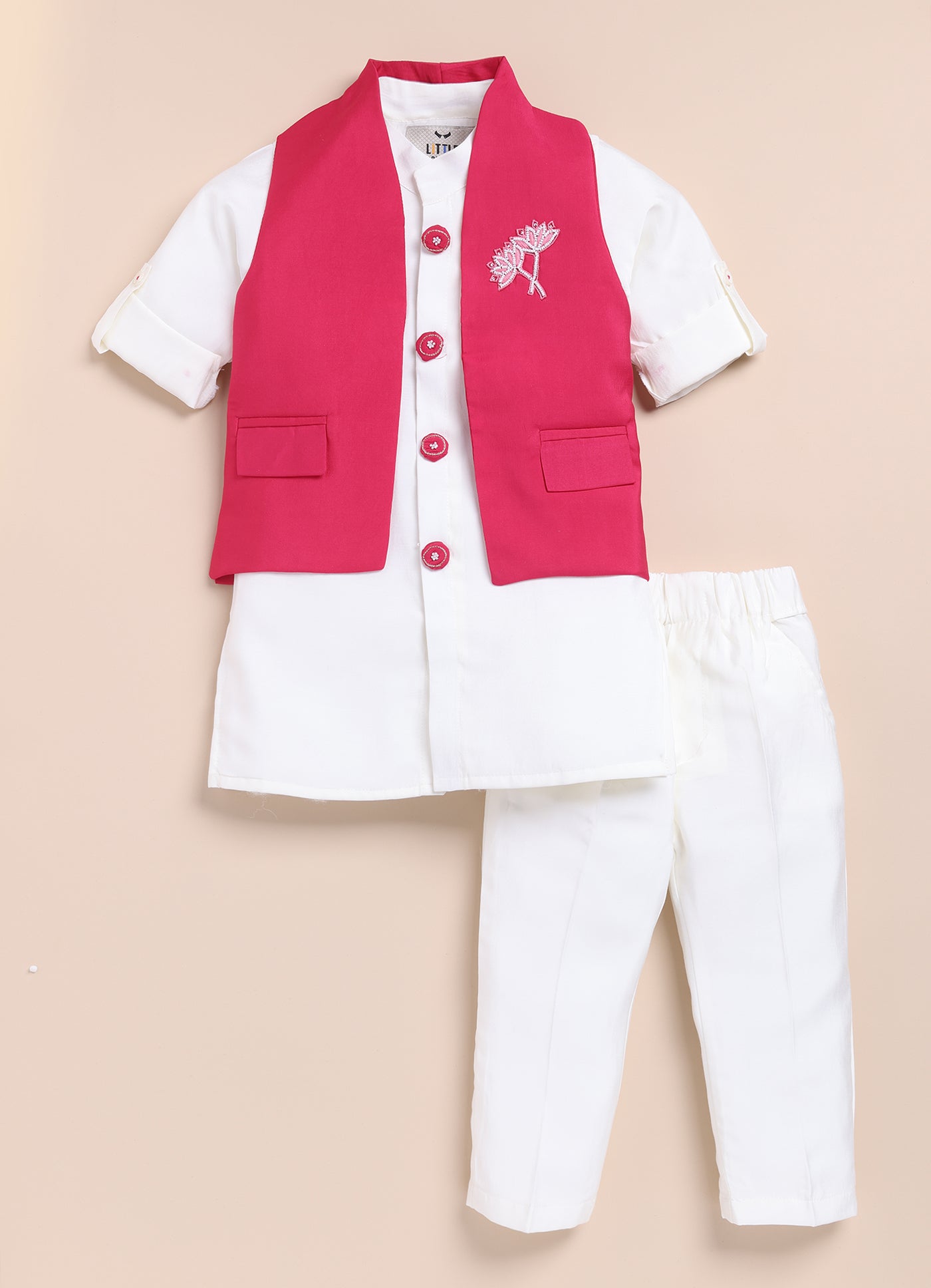 Little Collars Boys Festive Hot Pink Floral Motif Ethnic Nehru Jacket Kurta Pajama Set - Pink