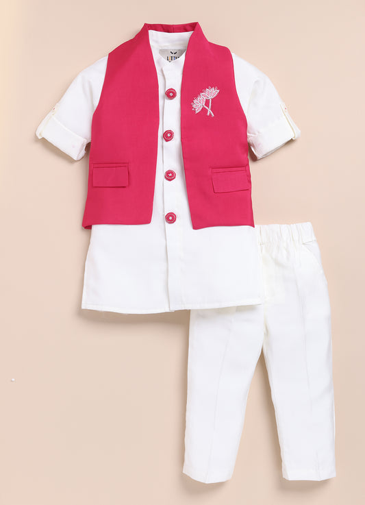 Little Collars Boys Festive Hot Pink Floral Motif Ethnic Nehru Jacket Kurta Pajama Set - Pink