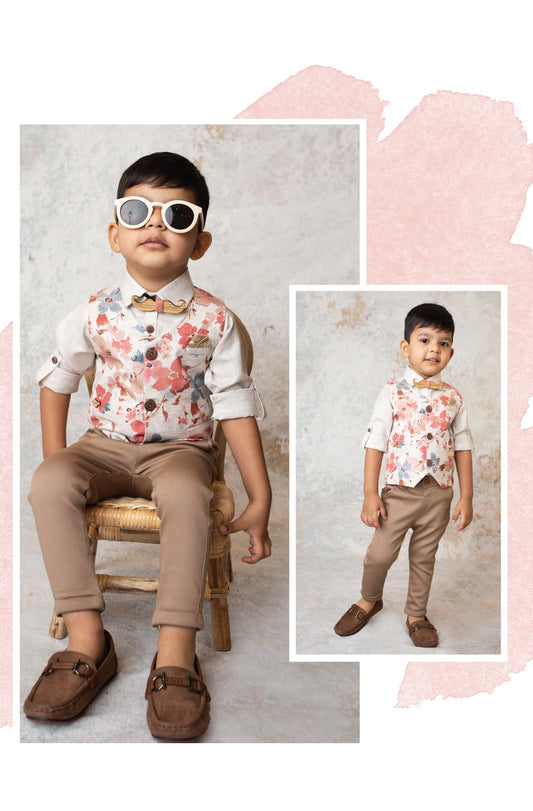 Peach Partywear Abstract Printed Full Sleeves Shirt Pant Attached Suspender Bow Set