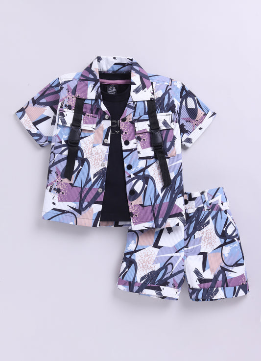 Lavender Super Smart Waffle Abstract Digital Printed Short Sleeves Poly Blend Half Sleeves Shirt Shorts Coord set with Tshirt