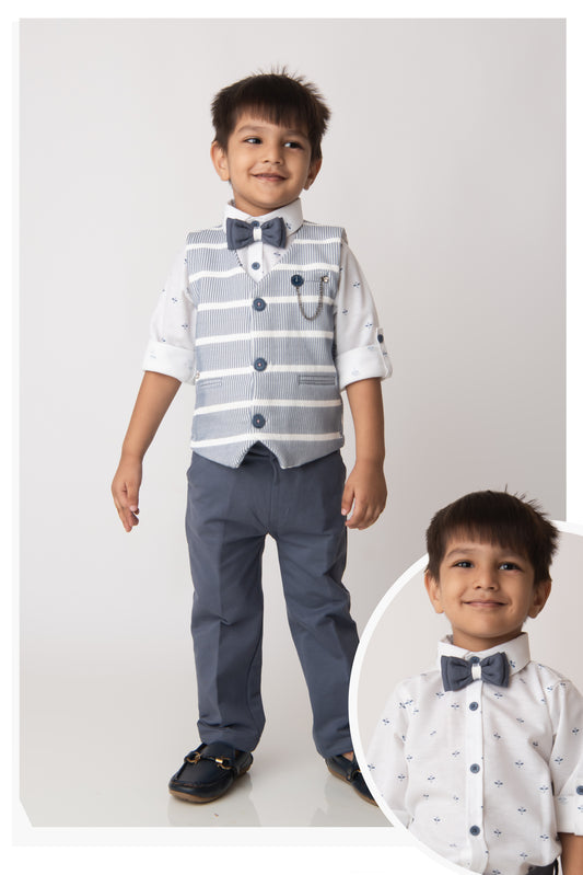 Blue Adorable Knitted Waistcoat Full Sleeves Shirt Pants Set for Boys