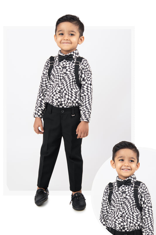 Black Partywear Abstract Printed Full Sleeves Shirt Pant Attached Suspender Bow Set